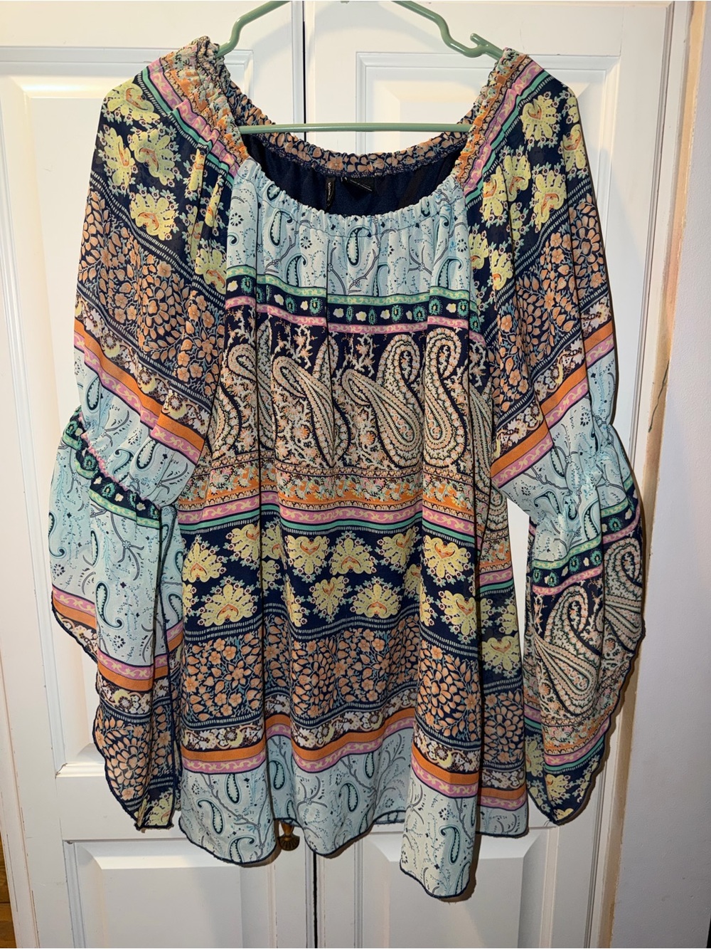 New Directions Paisley Boho Peasant Top in Light Blue, Navy, Yellow Size L